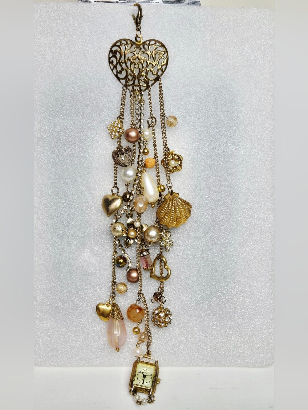 Gold Multi-Charm Dangle Necklace with Pearls and Shell Accent